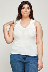 Plus Size, Solid Ribbed Knit Polo Sleeveless Top