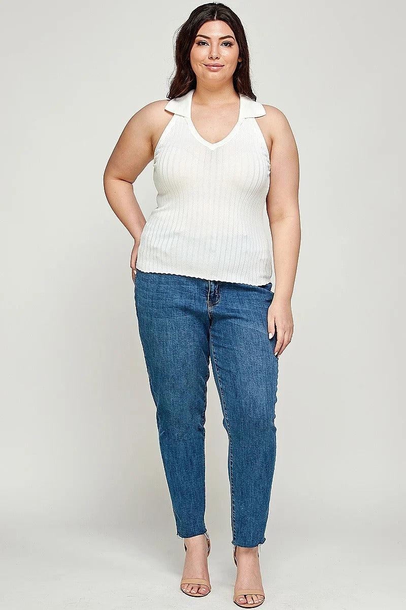 Plus Size, Solid Ribbed Knit Polo Sleeveless Top