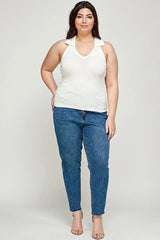 Plus Size, Solid Ribbed Knit Polo Sleeveless Top