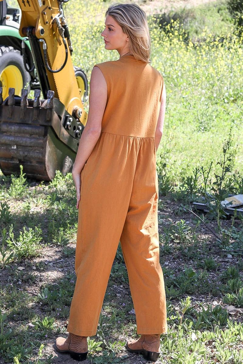 Mustard Cotton Front Button Up Detail Sleeveless Jumpsuit