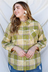 Plus Lime Cotton & Linen Blend Textured Plaid Shirt Top