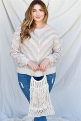 Plus Stripe Knit Cotton Blend Long Sleeve Top