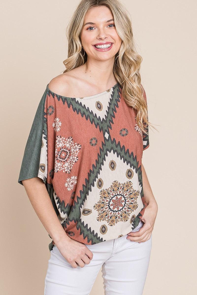 Floral Chevron Printed Off Shoulder Dolman Sleeves Top