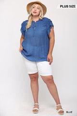 Triple Ruffle Sleeve V-neck Top With Front Tie