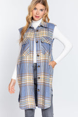 Notched Collar Brushed Plaid Vest