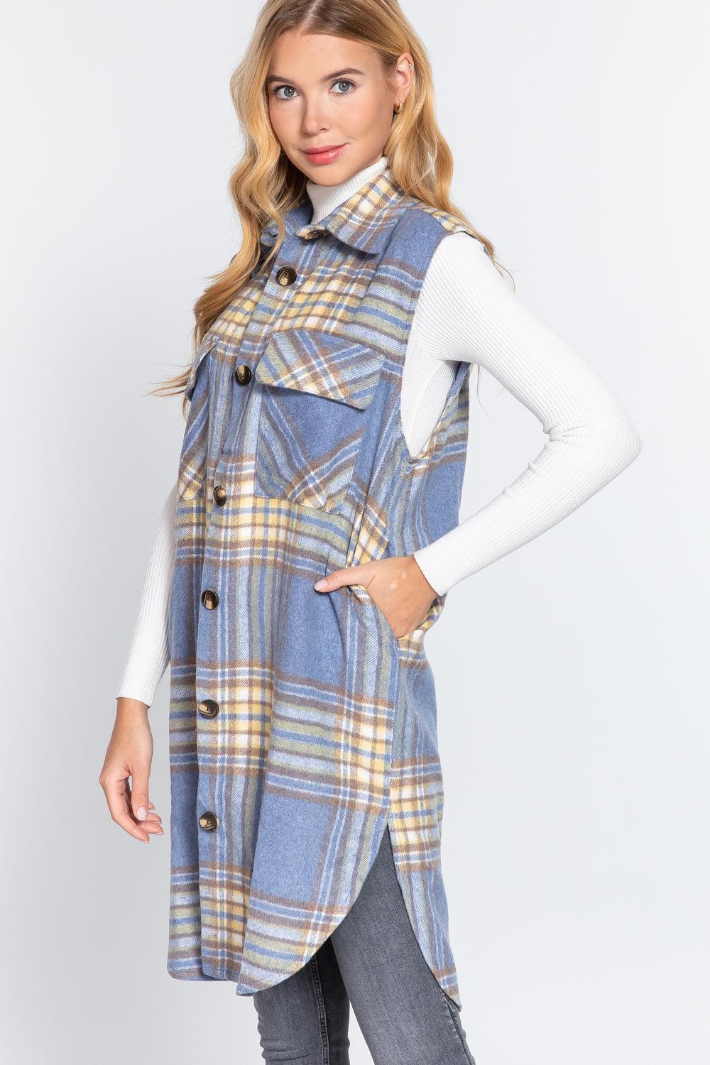 Notched Collar Brushed Plaid Vest