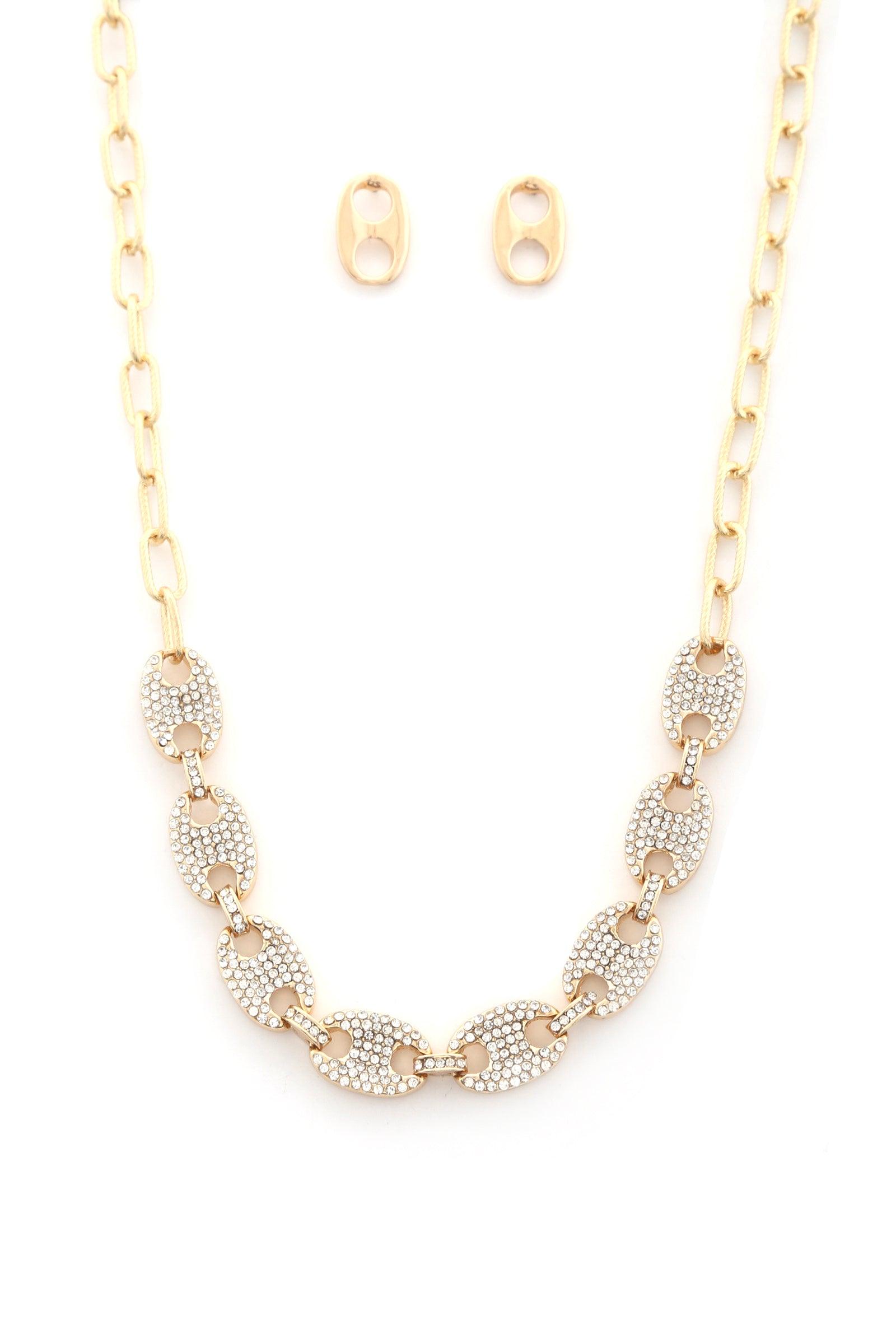 Oval Rhinestone Link Metal Necklace