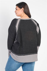 Plus Charcoal & Grey Colorblock Waffle Knit Long Sleeve Top