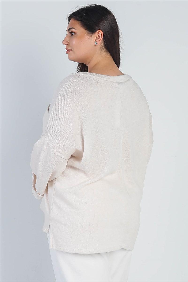 Plus Cream Knit V-neck Pocket Front Top