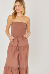 Woven Solid Sleeveless Smocked Ruffle Jumpsuit