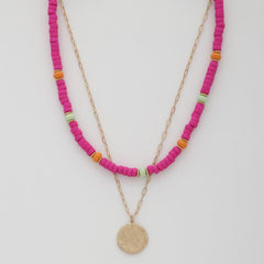 Coin Wood Bead Layered Necklace