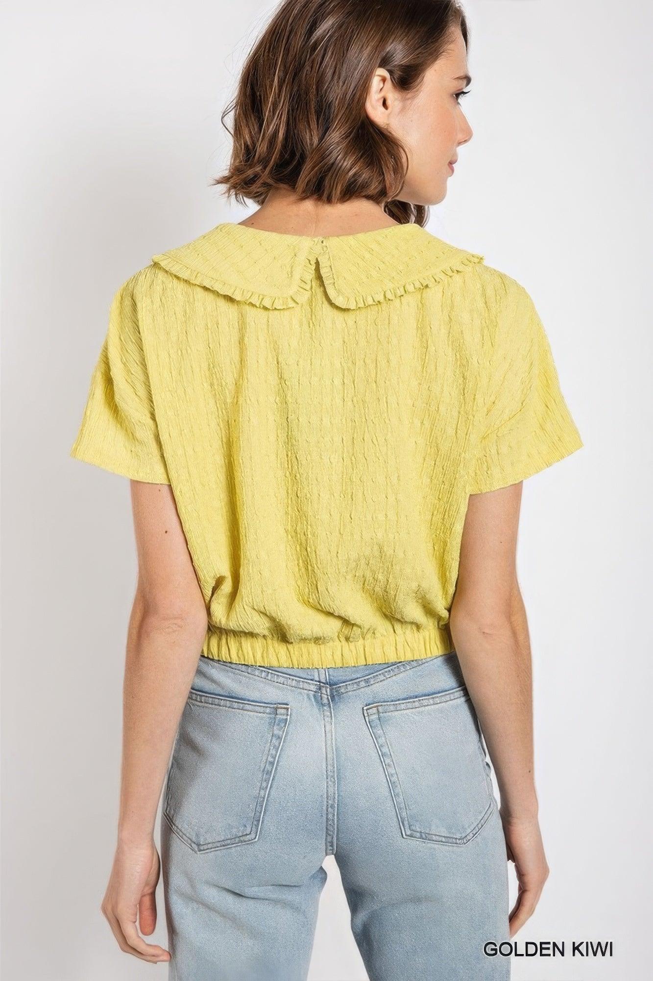 Peter pan collar textured knit button down top