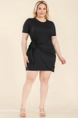 Plus Size Solid Wrap Front Tie Side Short Sleeve Mini Dress