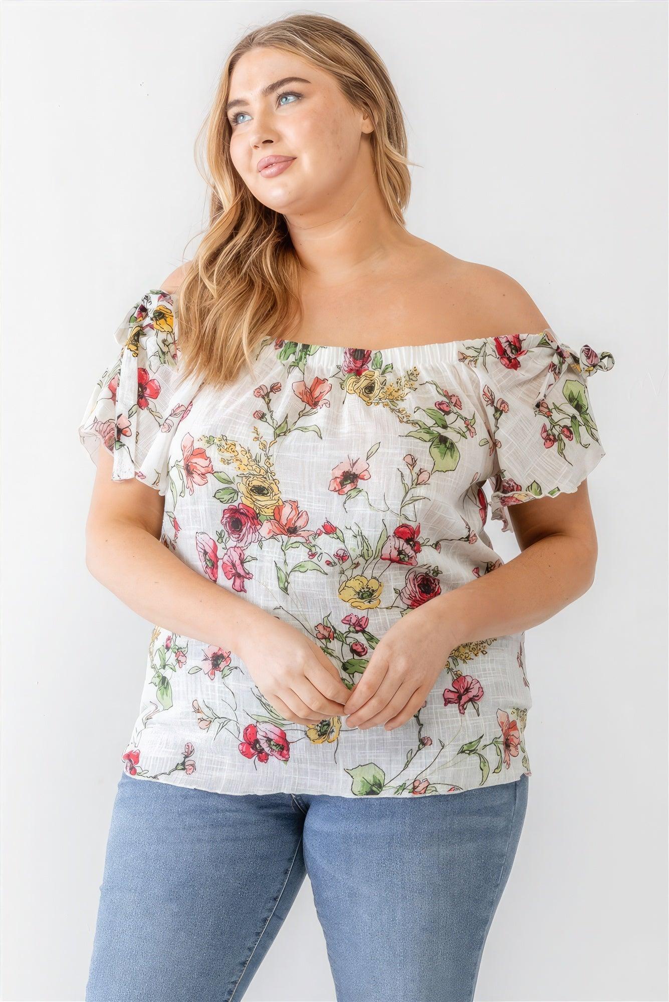 Plus Ivory Floral Print Woven Linen Blend Off-the-shoulder Relax Top