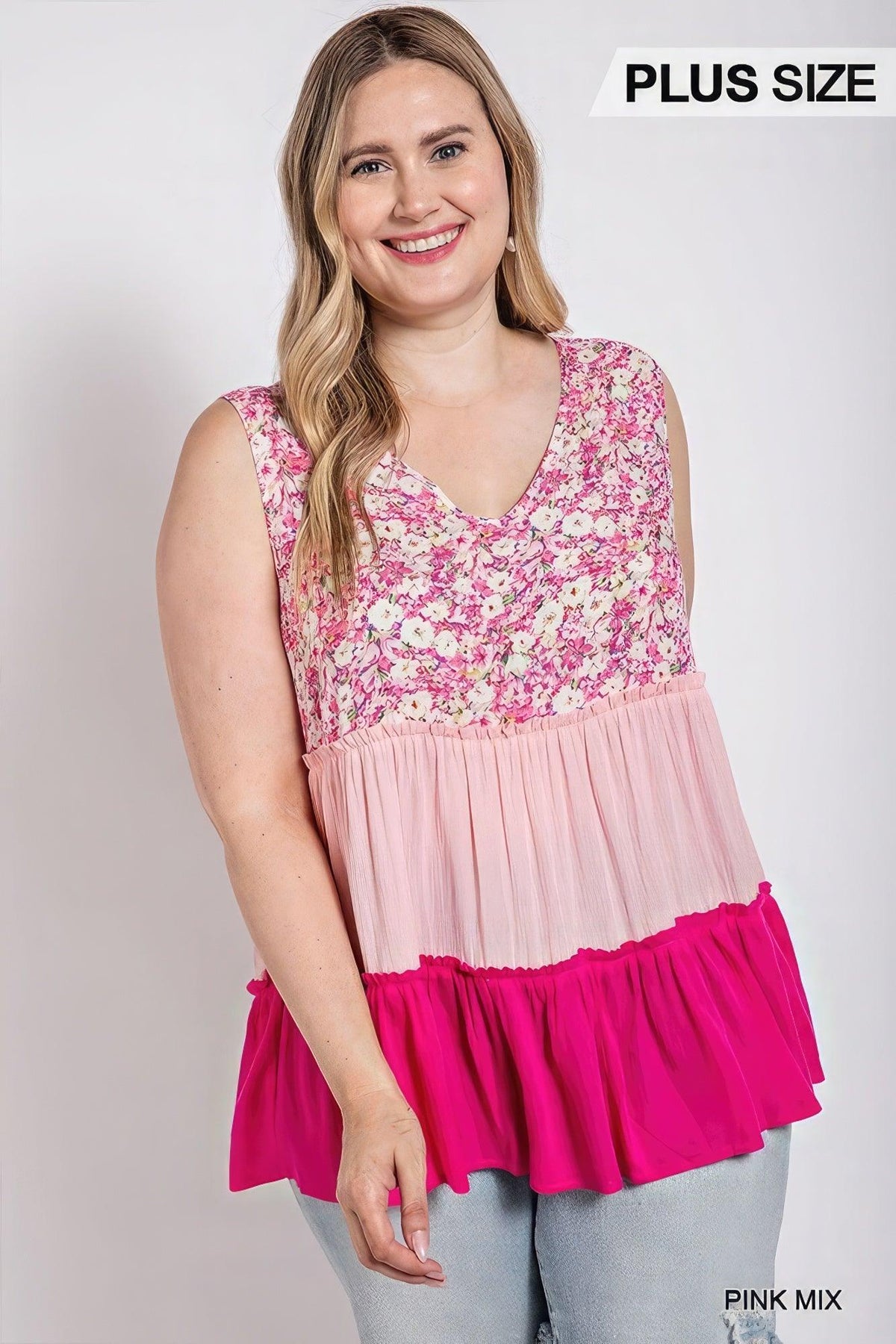 Floral Color Block Ruffle Detail Tiered V-neck Top