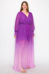 Ombre Chiffon Wrap Front Long Sleeve Tie Waist Slit Front Maxi Dress