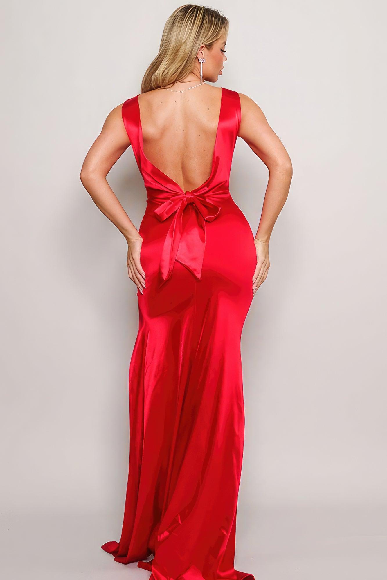 Sleeveless Deep V Low Back Bow Maxi Dress