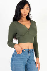 Ribbed Wrap Front Long Sleeve Top